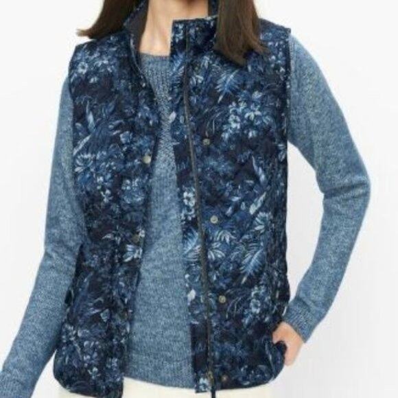 Talbots · XS · Diamond Quilted Blue Floral Vest · Cinch-Back Hip Length Layering - Picture 1 of 7